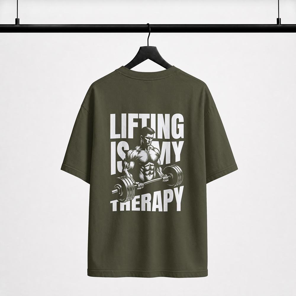 Lifting Is My Therapy olive green oversized t-shirt – unisex gym streetwear tee by Luxaara